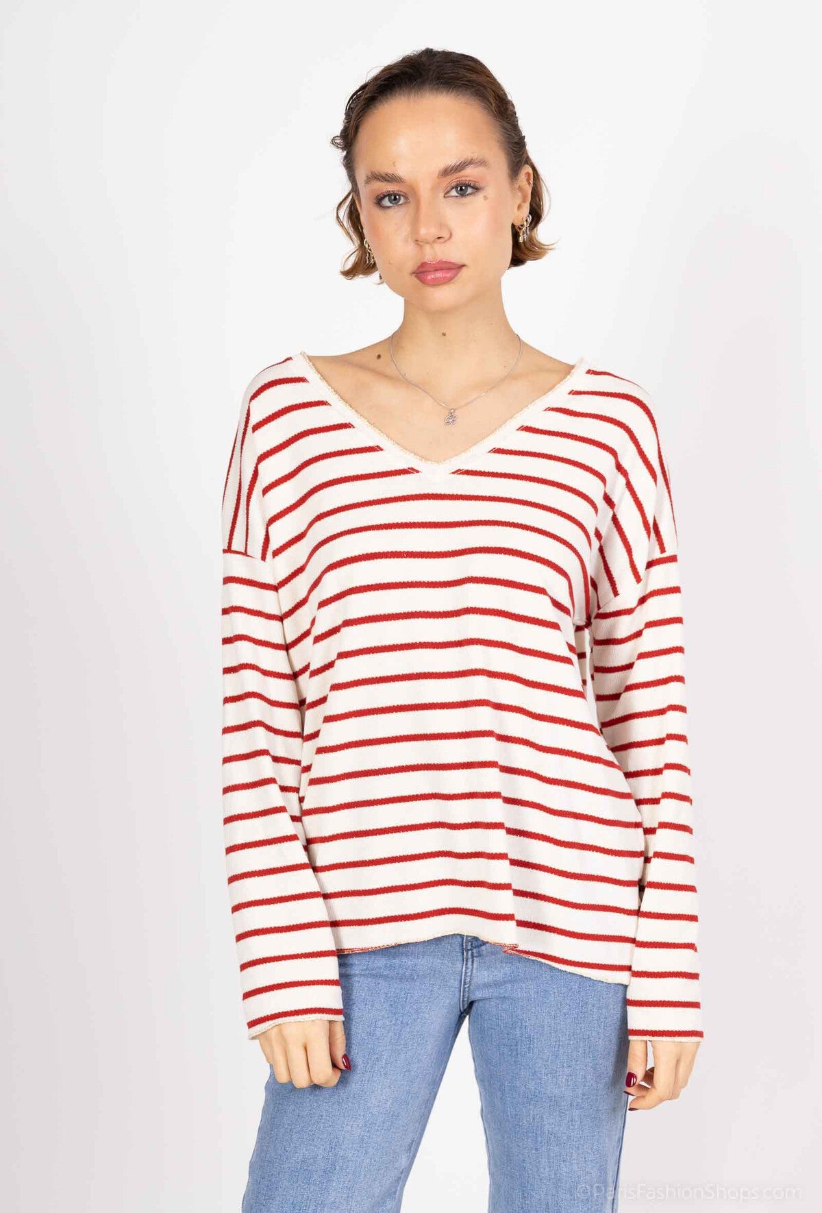 PULL RAYÉ COL V MARINELA